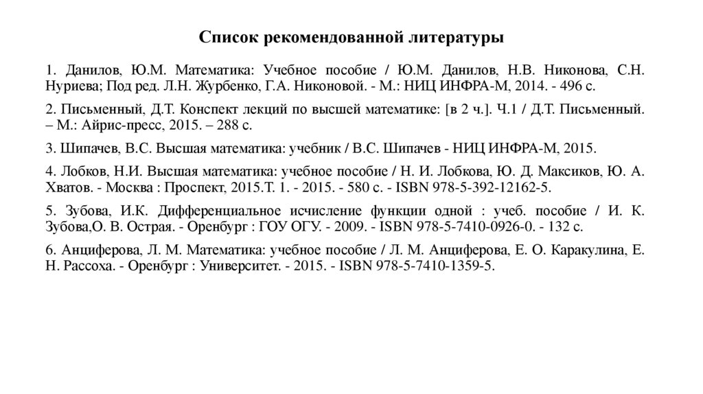 Список рекомендованной литературы