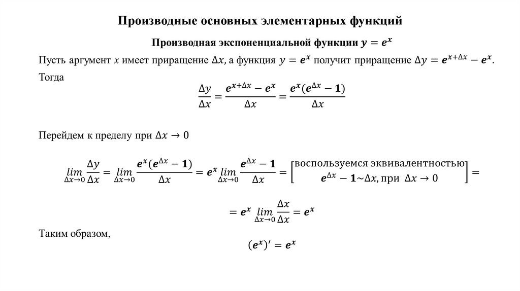 Производные основных элементарных функций