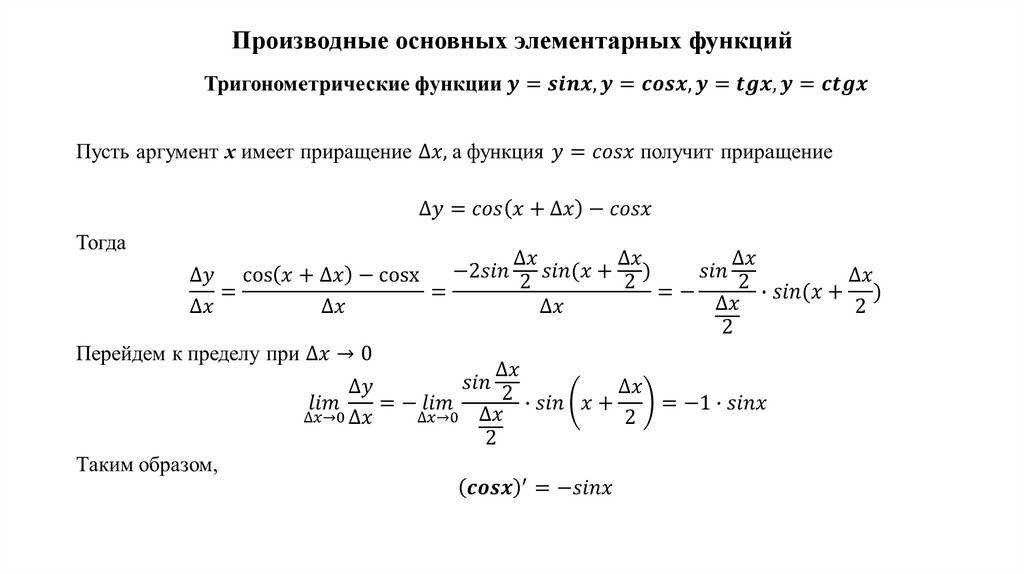 Производные основных элементарных функций