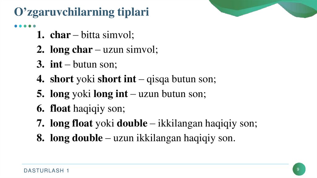 O’zgaruvchilarning tiplari