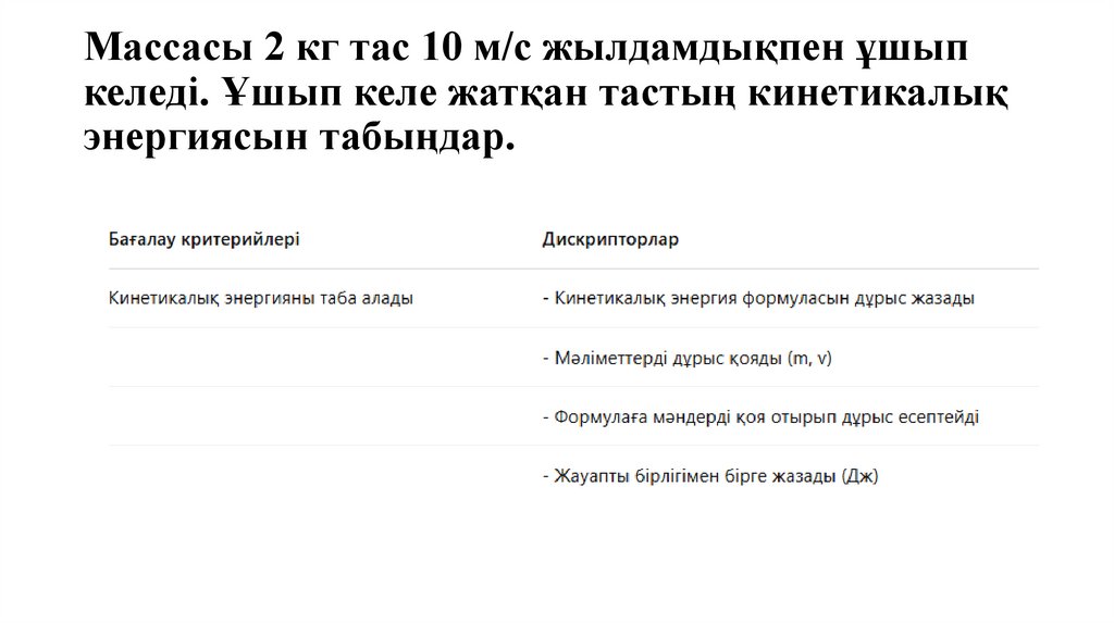 Массасы 2 кг тас 10 м/с жылдамдықпен ұшып келеді. Ұшып келе жатқан тастың кинетикалық энергиясын табыңдар.