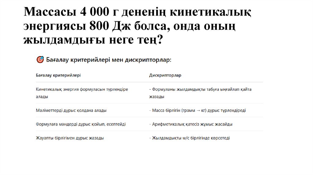 Массасы 4 000 г дененің кинетикалық энергиясы 800 Дж болса, онда оның жылдамдығы неге тең?