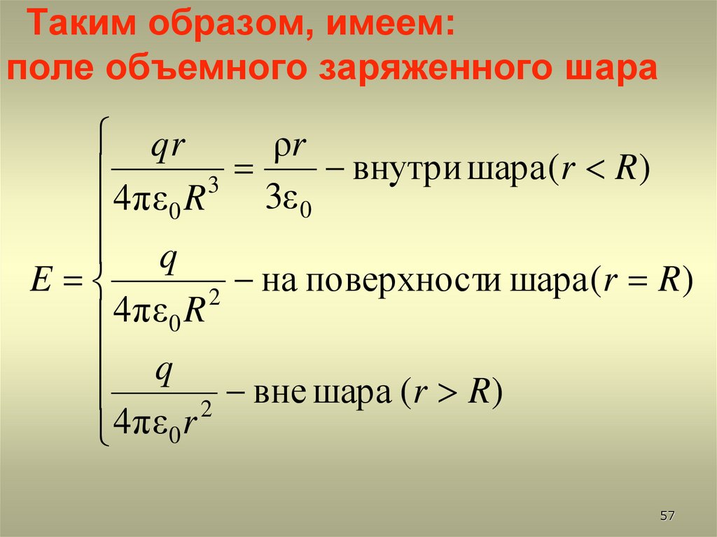 Таким образом, имеем: поле объемного заряженного шара