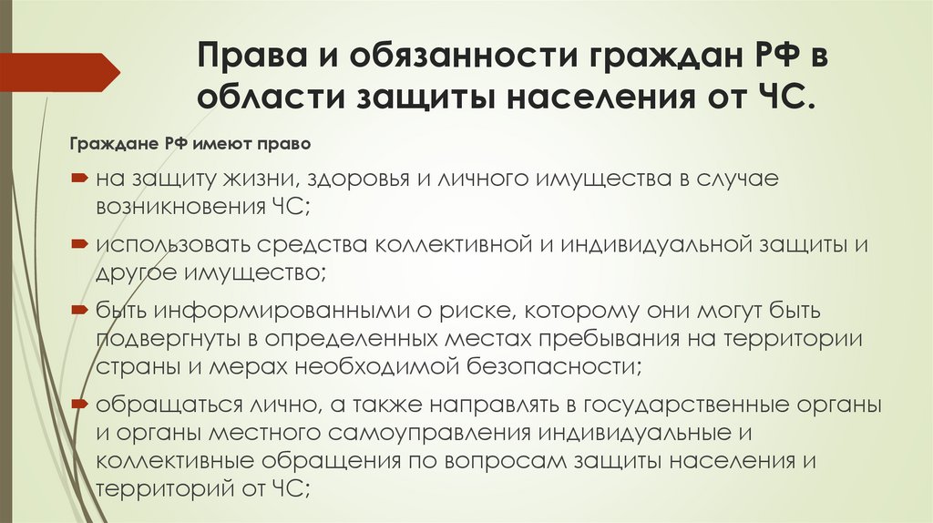 Права и обязанности граждан РФ в области защиты населения от ЧС.