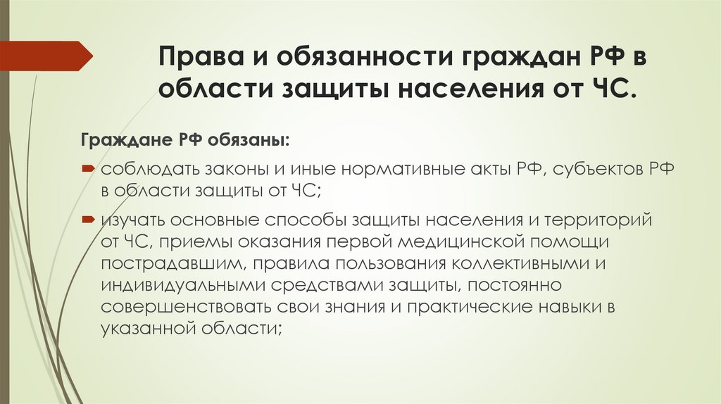 Права и обязанности граждан РФ в области защиты населения от ЧС.