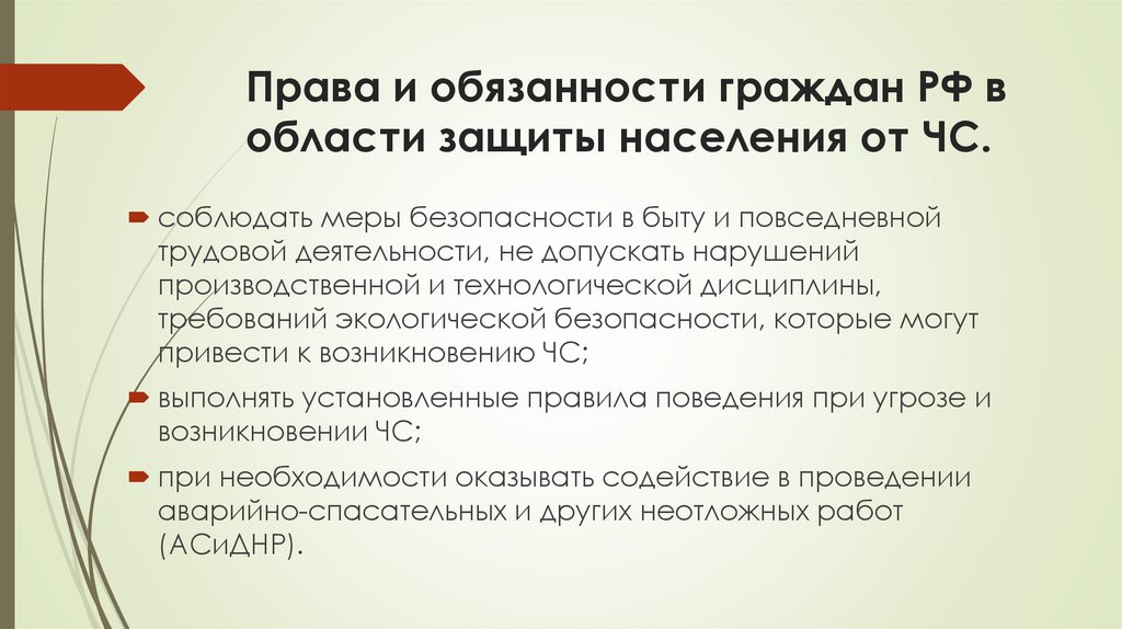 Права и обязанности граждан РФ в области защиты населения от ЧС.