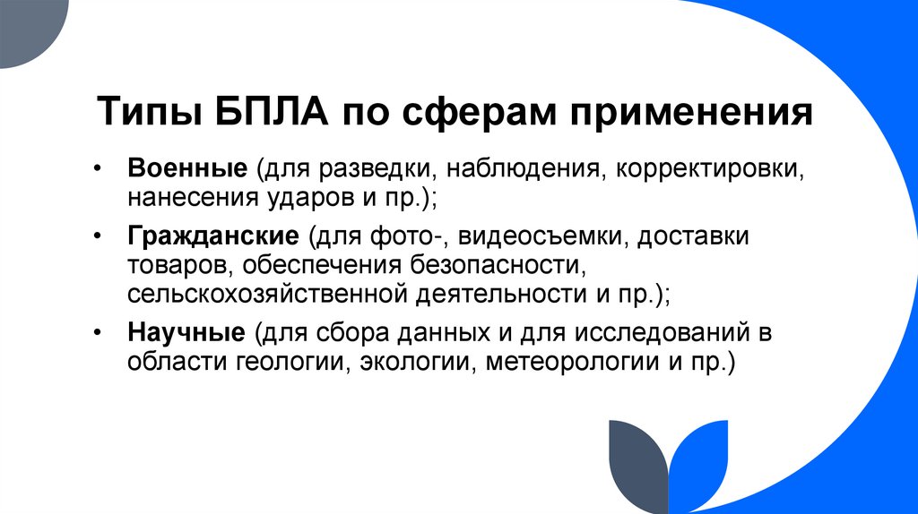 Типы БПЛА по сферам применения