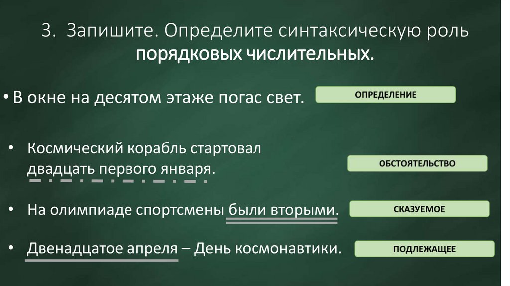 3. Запишите. Определите синтаксическую роль порядковых числительных.