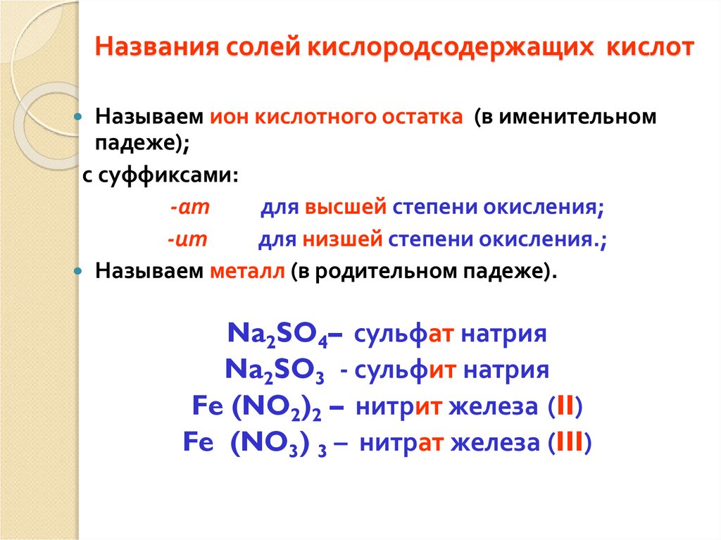 Названия солей кислородсодержащих кислот