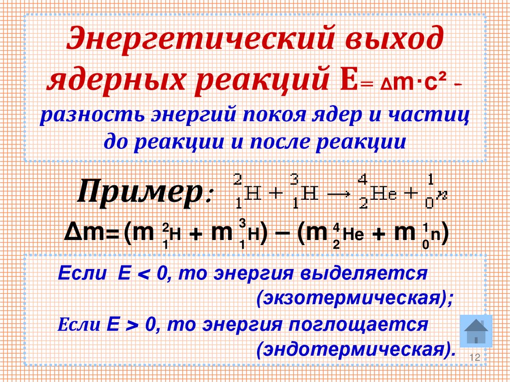 Энергетический выход ядерных реакций Е= Δm·c² - разность энергий покоя ядер и частиц до реакции и после реакции