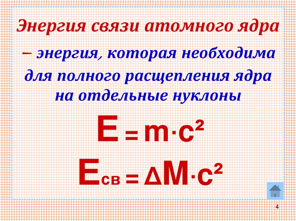 Энергия связи атомного ядра – энергия, которая необходима для полного расщепления ядра на отдельные нуклоны Е = m·c² Есв =