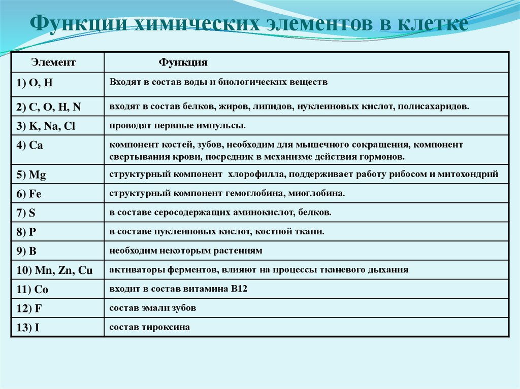 Функции химических элементов в клетке