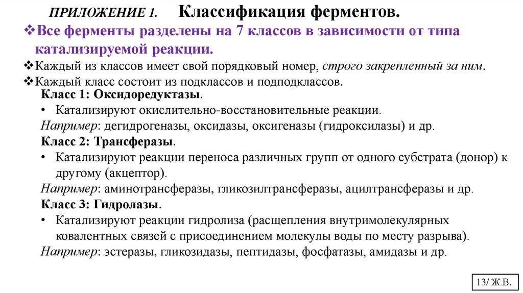 ПРИЛОЖЕНИЕ 1. Классификация ферментов.