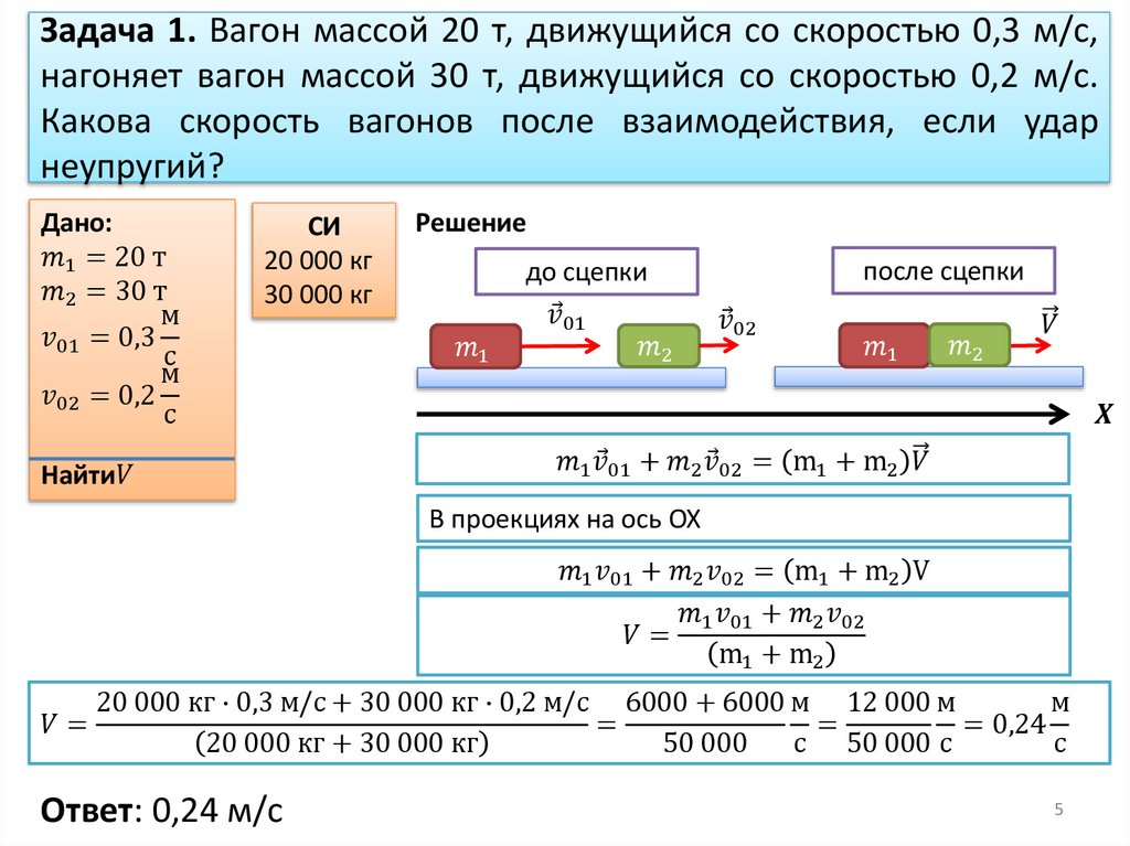 Задача 1. Вагон массой 20 т, движущийся со скоростью 0,3 м/с, нагоняет вагон массой 30 т, движущийся со скоростью 0,2 м/с.
