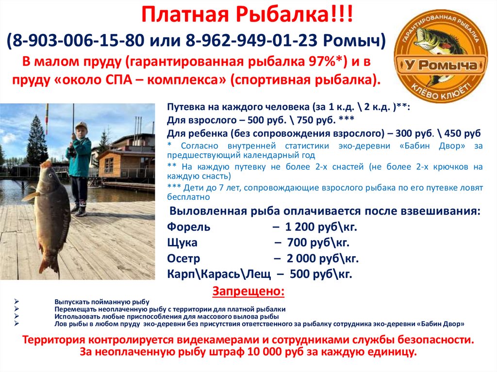 Платная Рыбалка!!! (8-903-006-15-80 или 8-962-949-01-23 Ромыч) В малом пруду (гарантированная рыбалка 97%*) и в пруду «около