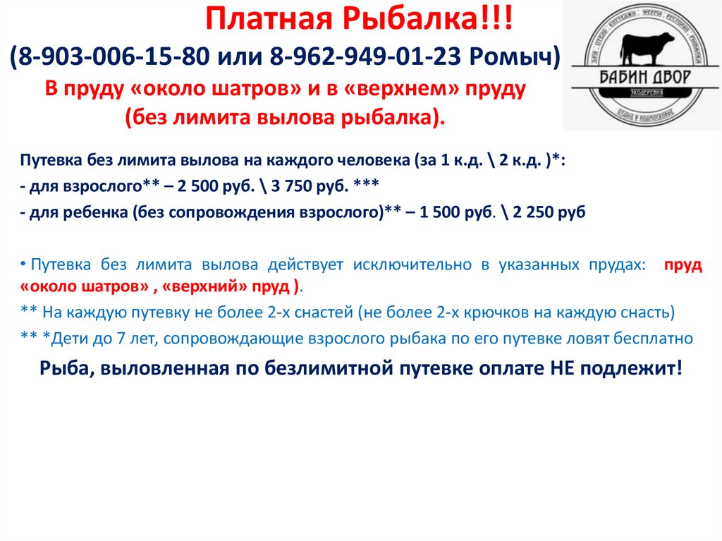 Платная Рыбалка!!! (8-903-006-15-80 или 8-962-949-01-23 Ромыч) В пруду «около шатров» и в «верхнем» пруду (без лимита вылова