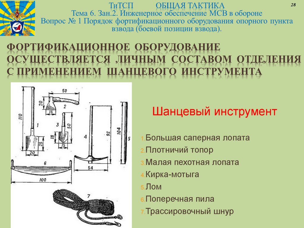 Фортификационное оборудование осуществляется личным составом отделения с применением шанцевого инструмента