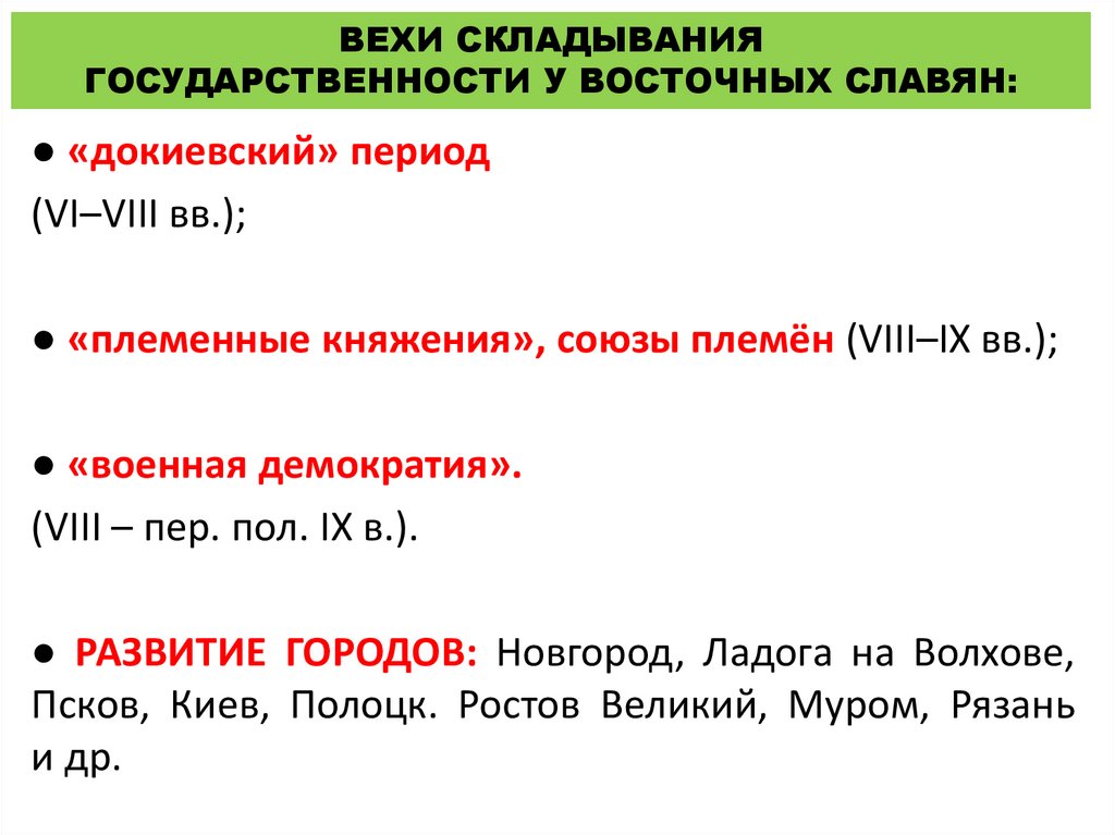 ВЕХИ СКЛАДЫВАНИЯ ГОСУДАРСТВЕННОСТИ У ВОСТОЧНЫХ СЛАВЯН: