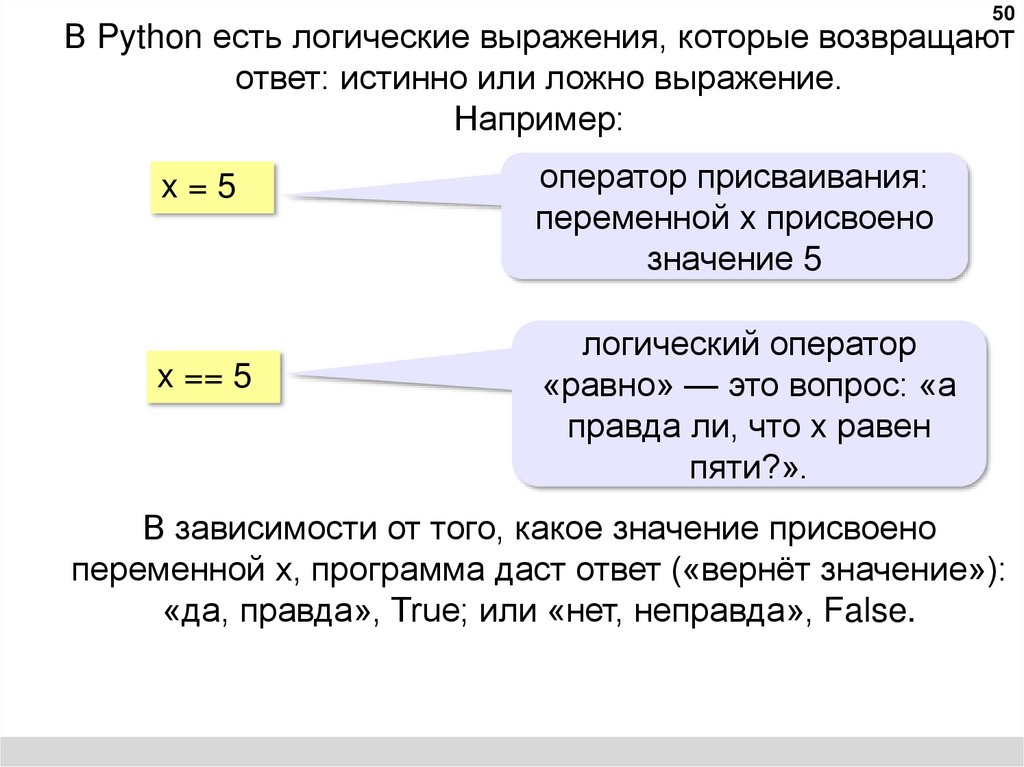 В Python есть логические выражения, которые возвращают ответ: истинно или ложно выражение. Например: