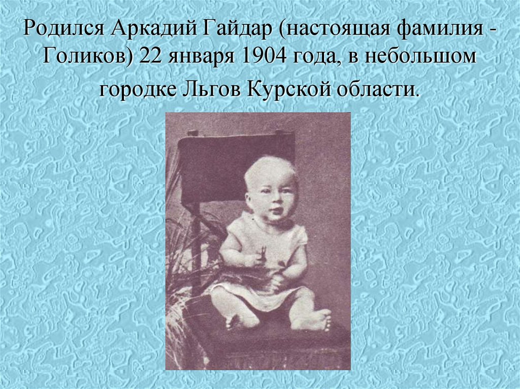 Родился Аркадий Гайдар (настоящая фамилия - Голиков) 22 января 1904 года, в небольшом городке Льгов Курской области.