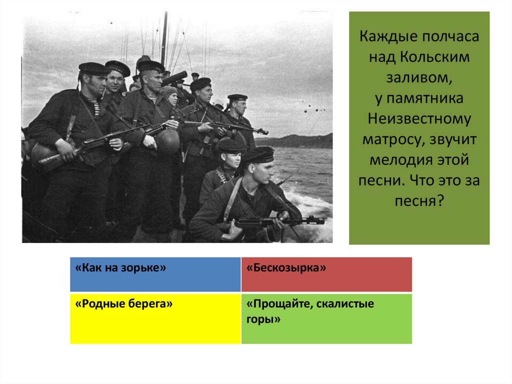 Каждые полчаса над Кольским заливом, у памятника Неизвестному матросу, звучит мелодия этой песни. Что это за песня?