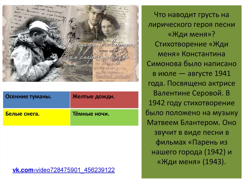 Что наводит грусть на лирического героя песни «Жди меня»? Стихотворение «Жди меня» Константина Симонова было написано в июле —