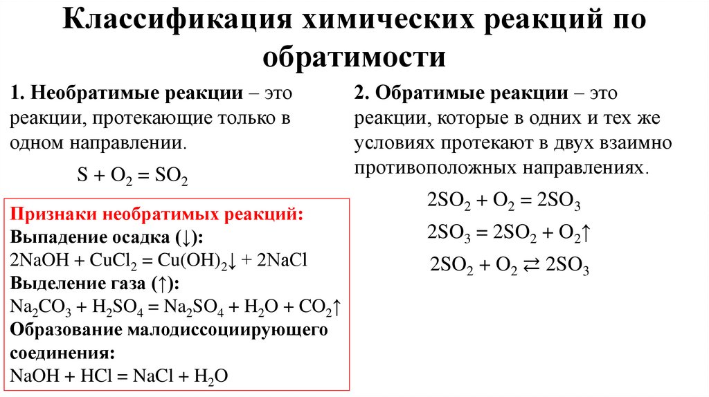 Классификация химических реакций по обратимости