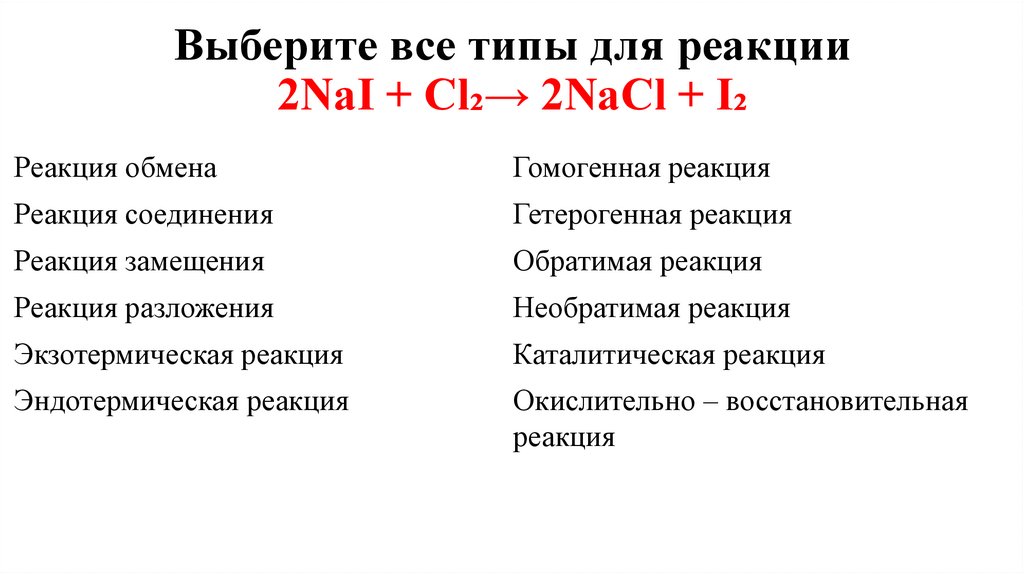 Выберите все типы для реакции 2NaI + Cl₂→ 2NaCl + I₂