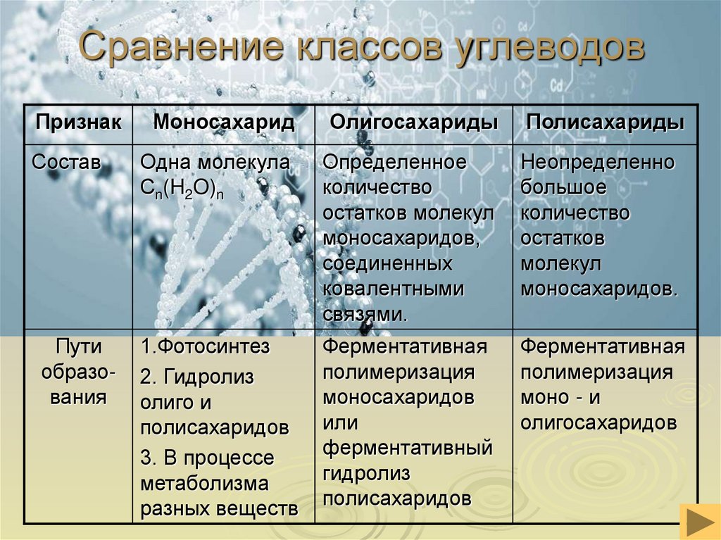 Сравнение классов углеводов