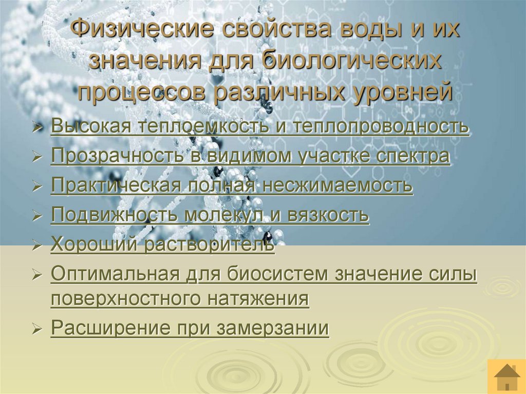 Физические свойства воды и их значения для биологических процессов различных уровней