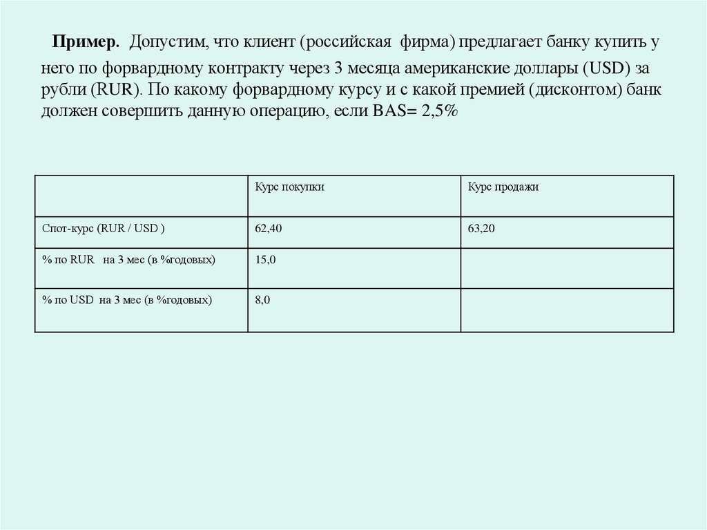 Пример. Допустим, что клиент (российская фирма) предлагает банку купить у него по форвардному контракту через 3 месяца