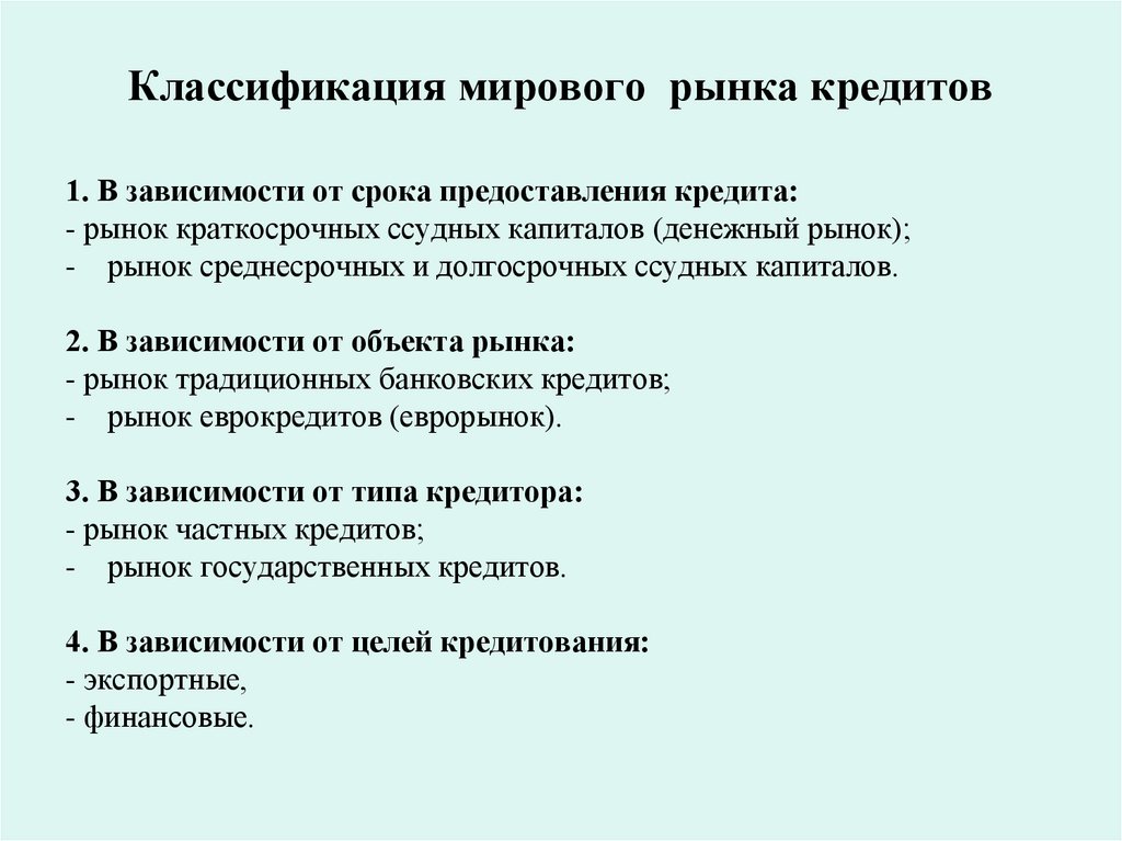 Классификация мирового рынка кредитов