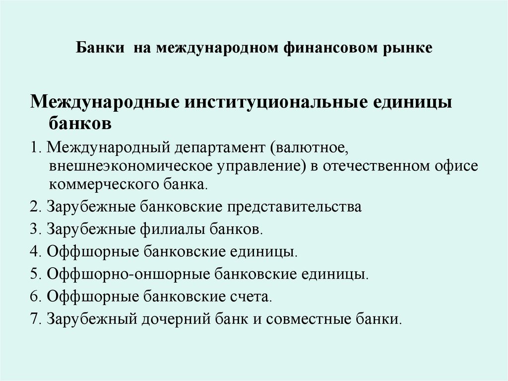 Банки на международном финансовом рынке