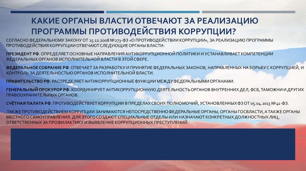 Какие органы власти отвечают за реализацию программы противодействия коррупции?