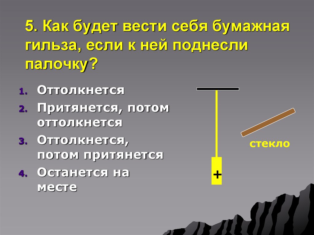 5. Как будет вести себя бумажная гильза, если к ней поднесли палочку?