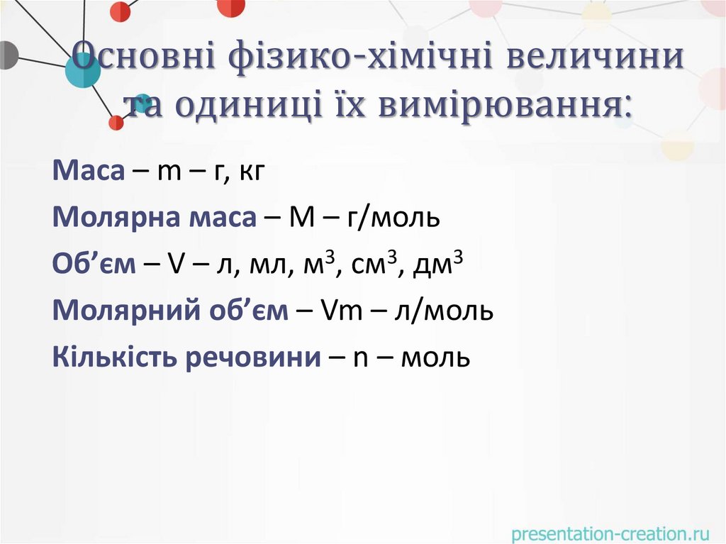 Основні фізико-хімічні величини та одиниці їх вимірювання: