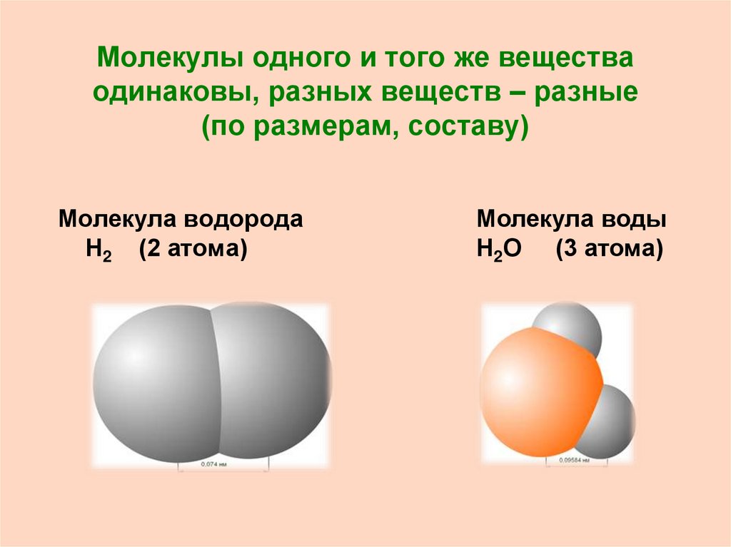 Молекулы одного и того же вещества одинаковы, разных веществ – разные (по размерам, составу)