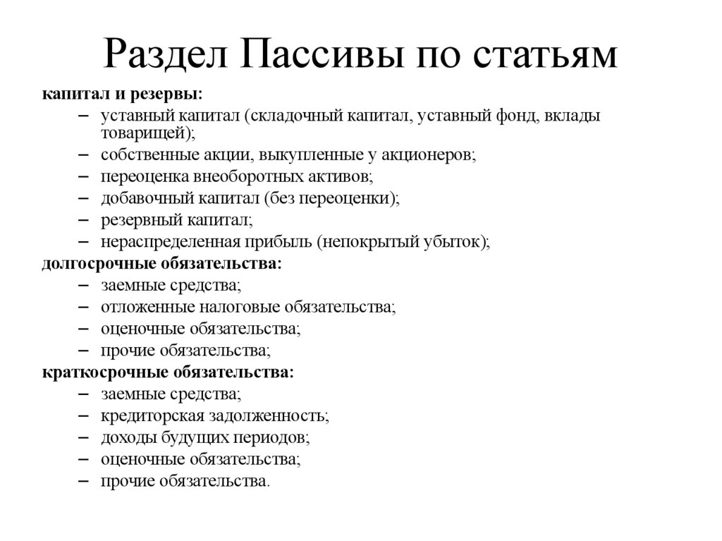 Раздел Пассивы по статьям