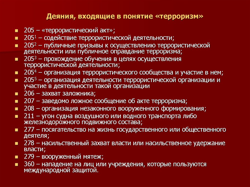 Деяния, входящие в понятие «терроризм»