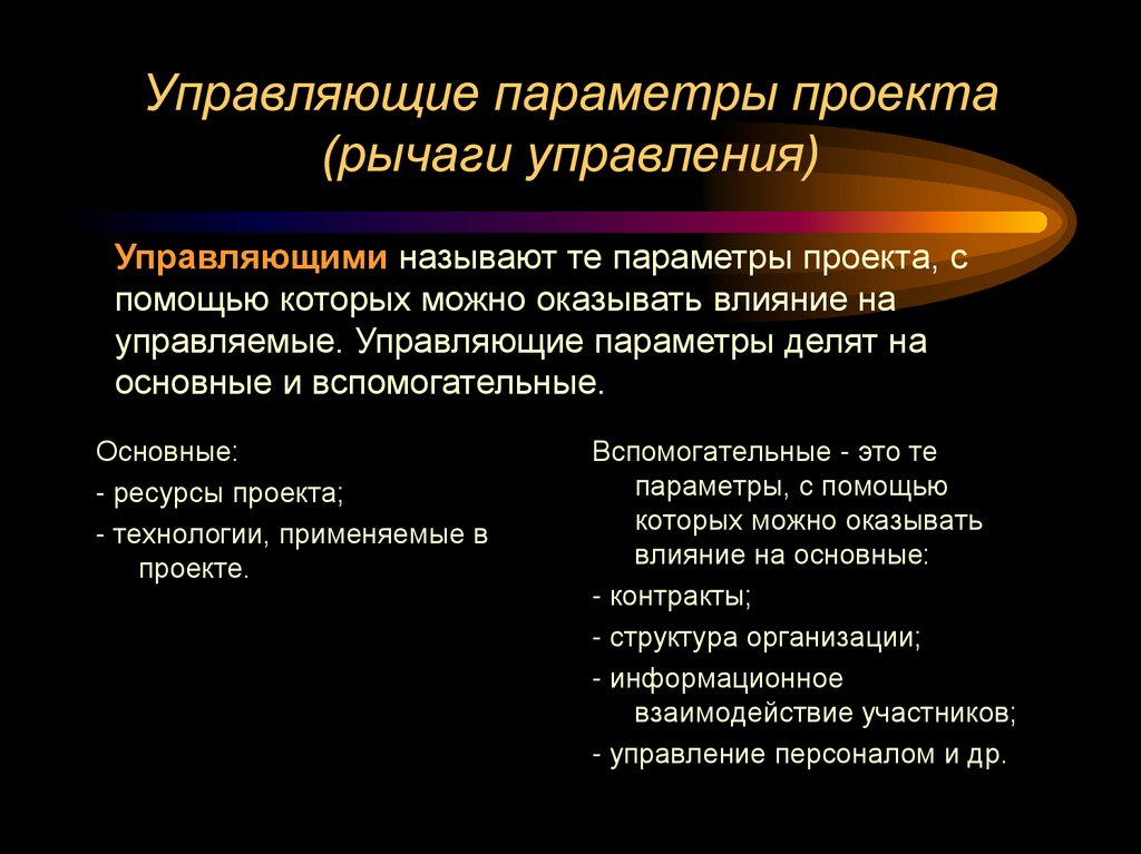 Управляющие параметры проекта (рычаги управления)