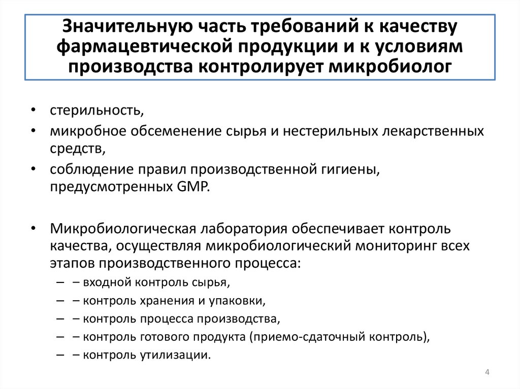 Значительную часть требований к качеству фармацевтической продукции и к условиям производства контролирует микробиолог