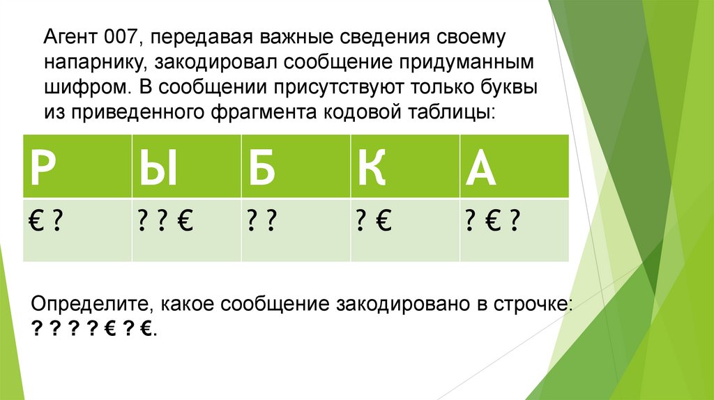 Агент 007, передавая важные сведения своему напарнику, закодировал сообщение придуманным шифром. В сообщении присутствуют