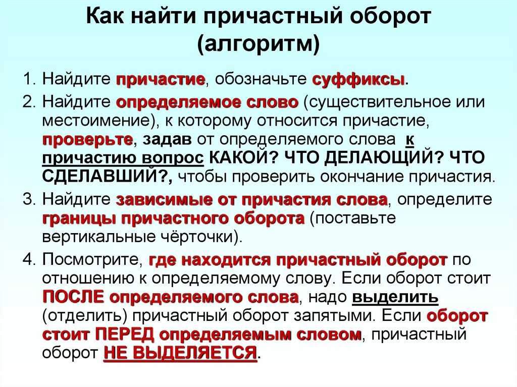 Как найти причастный оборот (алгоритм)