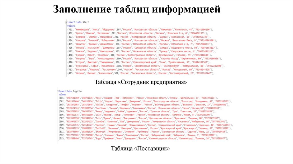 Заполнение таблиц информацией