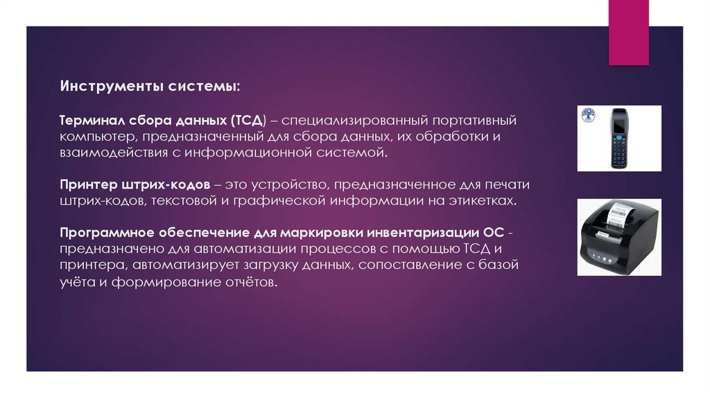 Инструменты системы: Терминал сбора данных (ТСД) – специализированный портативный компьютер, предназначенный для сбора данных,