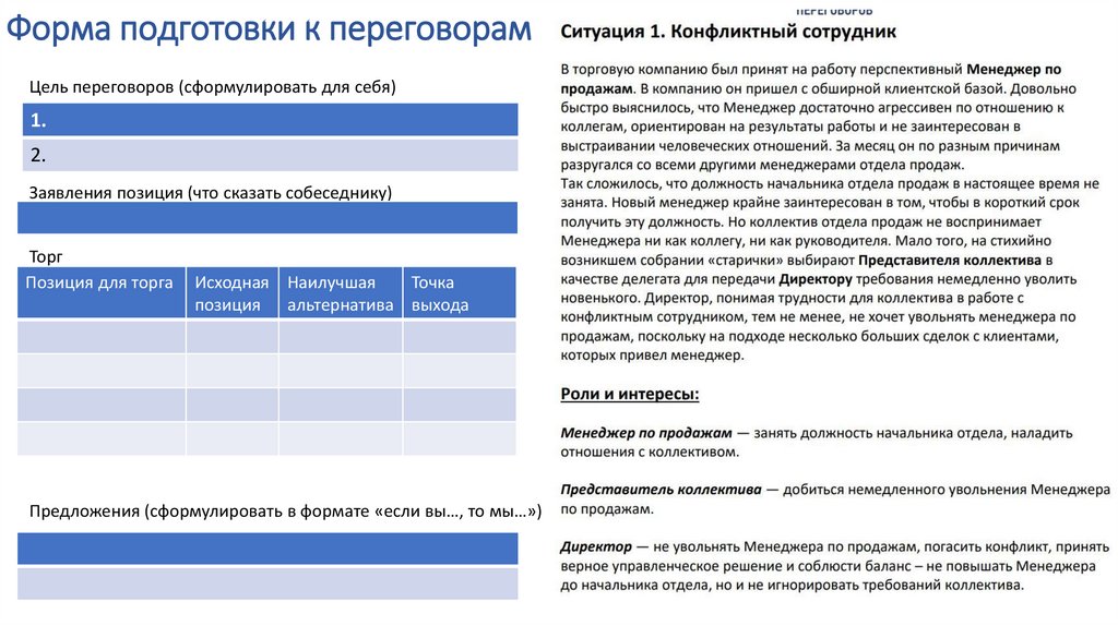 Форма подготовки к переговорам