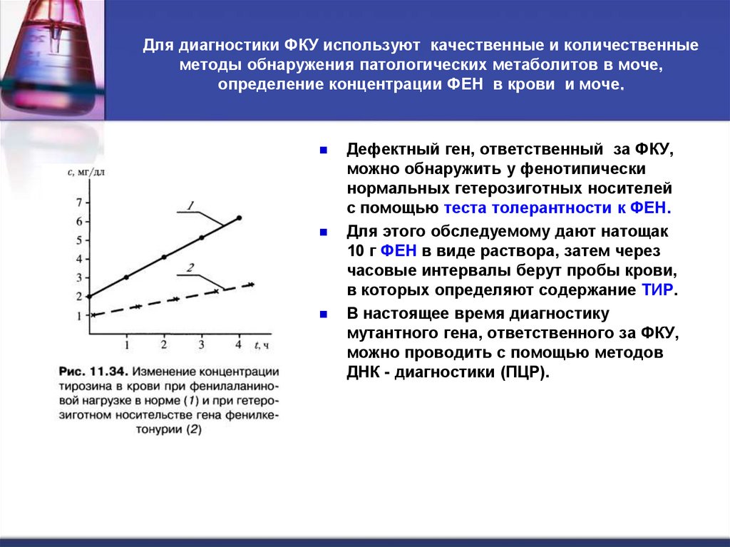 Для диагностики ФКУ используют качественные и количественные методы обнаружения патологических метаболитов в моче, определение