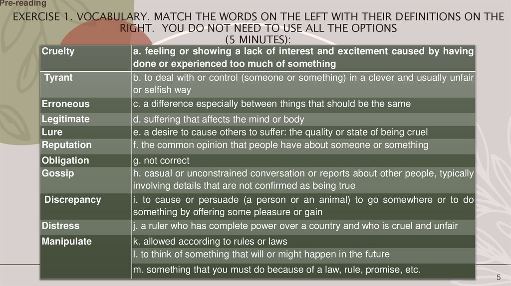 Exercise 1. Vocabulary. Match the words on the left with their definitions on the right. You DO not need to use all the options