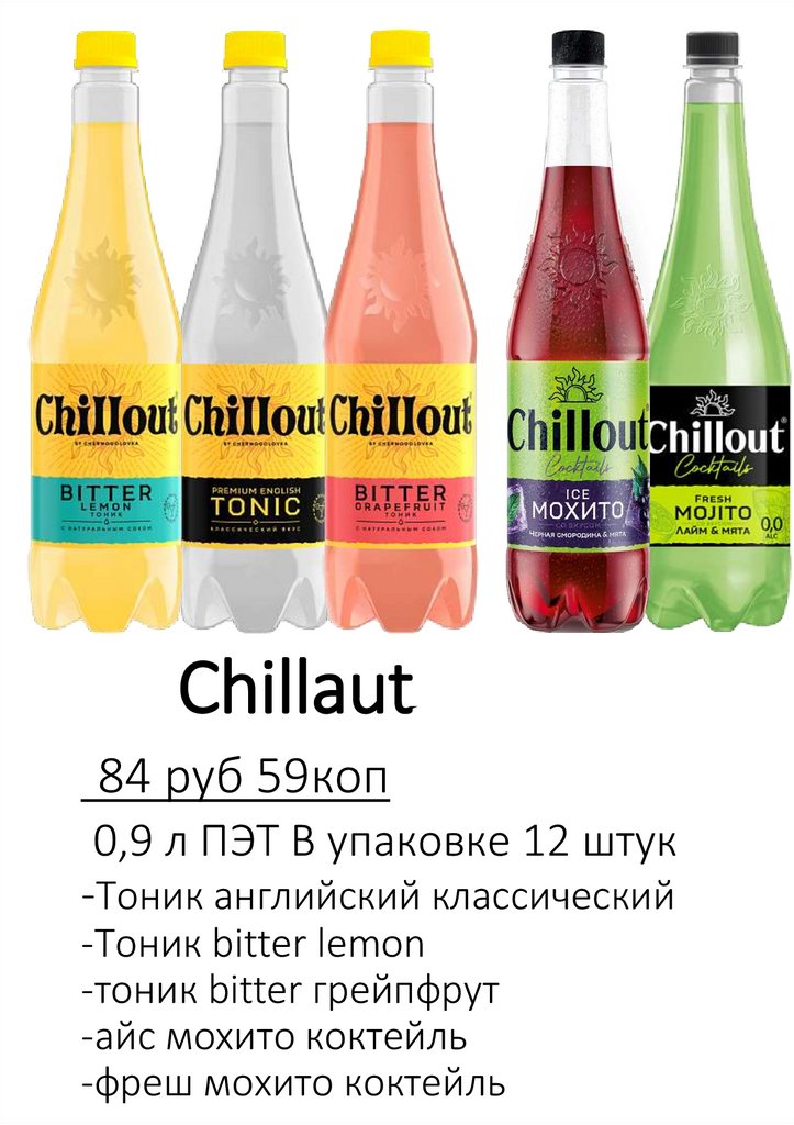 Chillaut 84 руб 59коп 0,9 л ПЭТ В упаковке 12 штук -Тоник английский классический -Тоник bitter lemon -тоник bitter грейпфрут