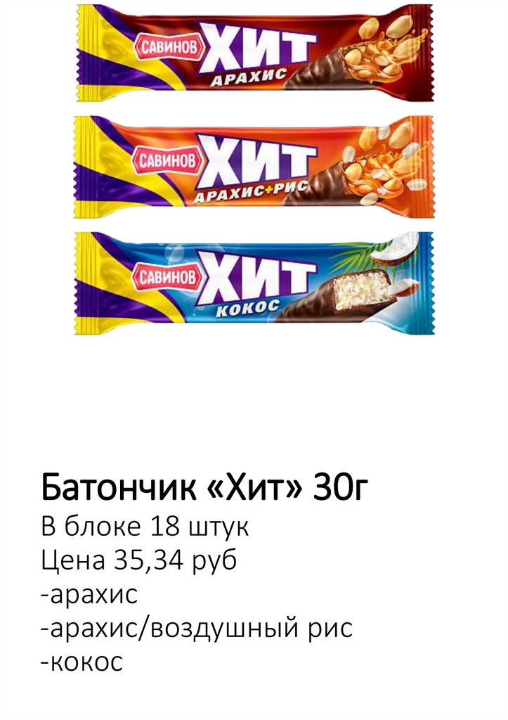 Батончик «Хит» 30г В блоке 18 штук Цена 35,34 руб -арахис -арахис/воздушный рис -кокос